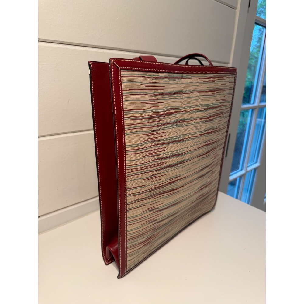 Hermes Vintage Tote Bag Burgundy Red Leather Woven Textile Striped Made in Franc - Picture 8 of 11